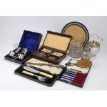 Collection of silver plated items, to include a fish knife and fork server, two biscuit barrels, a