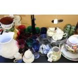 Porcelain and glass ware to include, green, blue and red wine glasses, Bloor derby imari pattern