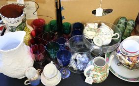 Porcelain and glass ware to include, green, blue and red wine glasses, Bloor derby imari pattern