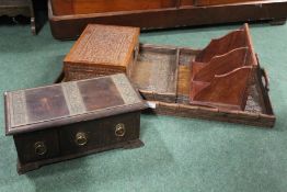 Two carved hardwood trays, Middle Eastern carved box, small chest of three drawers, small hardwood