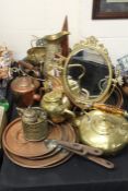 Copper and brass ware, to include three copper kettles, brass jug, copper pan etc. (qty)
