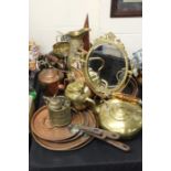 Copper and brass ware, to include three copper kettles, brass jug, copper pan etc. (qty)