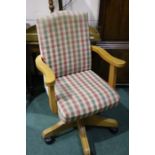 Pine swivel office chair with square check upholstery