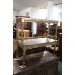 French style coffee table with marble top above a gilt frame decorated with porcelain roundels, 96.