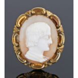 Victorian cameo brooch, carved in profile of a gentleman, housed within a yellow metal frame, 36mm