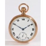 9 carat gold open face pocket watch, the white enamel dial with Roman numerals and subsidiary
