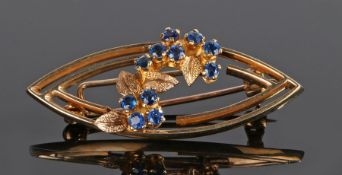 9 carat gold and sapphire set brooch, with a petal and sapphire bud design, 6.3 grams, 44mm diameter