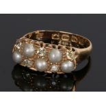 18 carat gold diamond and pearl ring, with five pearls and five diamonds to the head, ring size N
