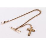9 carat gold watch chain with graduated links, T bar and attached 9 carat gold cross, 33cm long,
