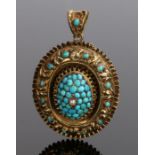 Victorian 15 carat gold pearl and turquoise set pendant, with a central pearl above the raised