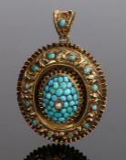 Victorian 15 carat gold pearl and turquoise set pendant, with a central pearl above the raised
