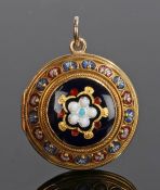 Victorian 18 carat gold and enamel pendant locket, the circular locket with foliate enamel