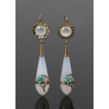 Pair of moonstone and turquoise set earrings, the elongated moonstones with flower head turquoise