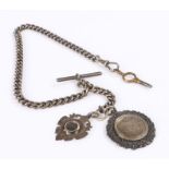 Silver pocket watch chain with T bar and two pendants, 35cm long, 64.8g
