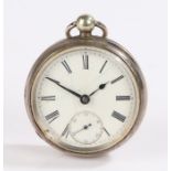 Victorian silver open face pocket watch, the white dial with Roman numerals, key wound, the case