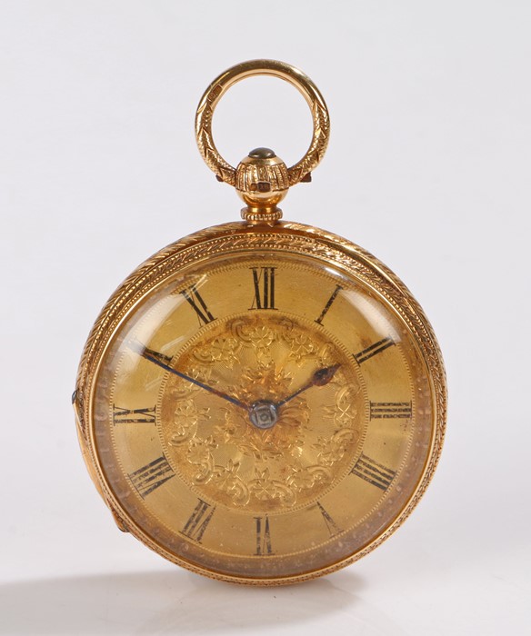 Victorian 18 carat gold open face pocket watch, the gilt dial with Roman numerals and central