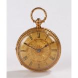 Victorian 18 carat gold open face pocket watch, the gilt dial with Roman numerals and central