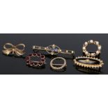 Collection of brooches, to include a 19th Century garnet example, a sapphire and pearl example, a