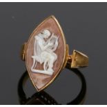 Victorian 18 carat gold cameo ring, with a naivete cameo of a female figure playing an instrument,