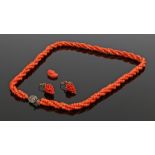 Coral three strand necklace with silver clasp, pair of coral earrings in the form of bunches of