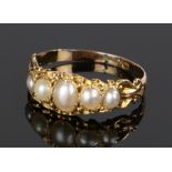 Antique 15 carat gold ring set with five graduated pearls, ring size M, 1.5g