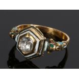 George III diamond and enamel ring, the rose cut diamond above a stepped enamel head and scroll