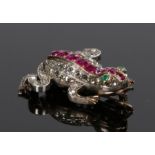 Emerald, Diamond and Ruby Frog Brooch with rubies to the spine flanked by diamonds and emerald eyes.