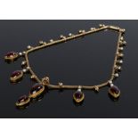 Victorian pearl and garnet set necklace, with a mesh necklace with pearls and cabochon and pear