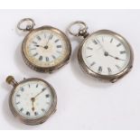 Three ladies English and Continental silver open face pocket watches, all with white dials and Roman