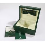 Rolex green leather watch box, with crown logo to lid and light green suede interior containing a