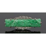 Art Deco jadeite and diamond set brooch, the carved certificated natural jade with two fans set with