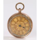 9 carat gold open face pocket watch, the gilt dial with Roman numerals, silver foliate outer band