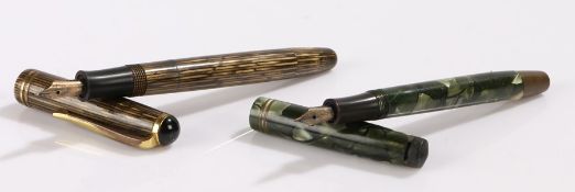 Superbe fountain pen,with green marble effect body and 14 carat gold nib, tigers eye effect fountain
