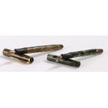 Superbe fountain pen,with green marble effect body and 14 carat gold nib, tigers eye effect fountain