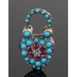 19th Century diamond ruby and turquoise set padlock clasp, a central diamond with a ruby and