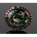 Fine 18th Century enamel clasp, with colourful birds in enamel on a green foil glass back and garnet