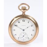 Elgin gold plated open face pocket watch, the signed white dial with Arabic numerals and