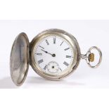 Continental silver hunter pocket watch, the engraved case with vacant shield shaped cartouche, the