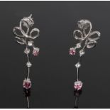 Pair of 18 carat white gold diamond and pink tourmaline set earrings, the drops with a loop and drop