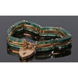 9 carat gold and agate bracelet, with gold bands flanked by the agate, 16cm long