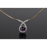 14 carat gold amethyst and diamond necklace, the circular amethyst enclosed by an overlapping effect
