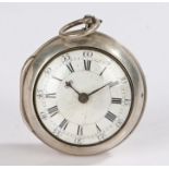 George III silver pair case pocket watch, the white enamel dial with Roman numerals and outer Arabic