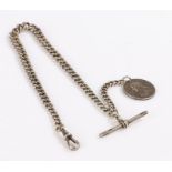 Silver pocket watch chain with T bar and 1895 shilling coin pendant, 35cm long, 42.6g