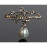 Diamond and pearl set brooch, with diamonds to the bar and scrolls above the drop pearl, 41mm