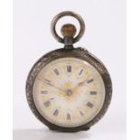 Continental silver and enamel decorated open face pocket watch, the white enamel dial with Roman