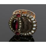 George III clasp, set with pearls and garnets and a woven hair panel, 16mm long