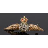 Gold and diamond set sweetheart brooch, RAF set with diamonds between wings, 2.9 grams