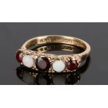 9 carat gold opal and garnet set ring, with three garnets and two opals, ring size L