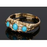 18 carat gold diamond and turquoise set ring, with three cabochon turquoise and two diamonds to