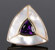 9 carat gold amethyst and mother of pearl brooch, in triangular form with a central amethyst and